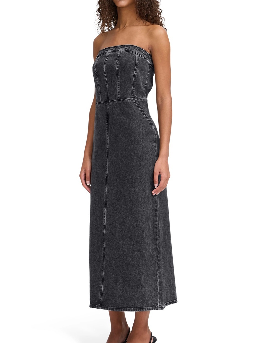 ICHI Strapless Black Denim Maxi Dress with Back Zip